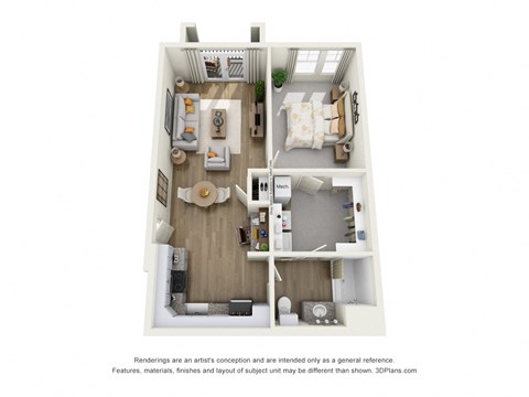 Floor plan for 1 bed, 1 bath, 647 sqft